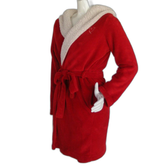 VICTORIA'S SECRET Plush Robe, XS/S, Red, Sherpa lined hood, Sash - Picture 4 of 13